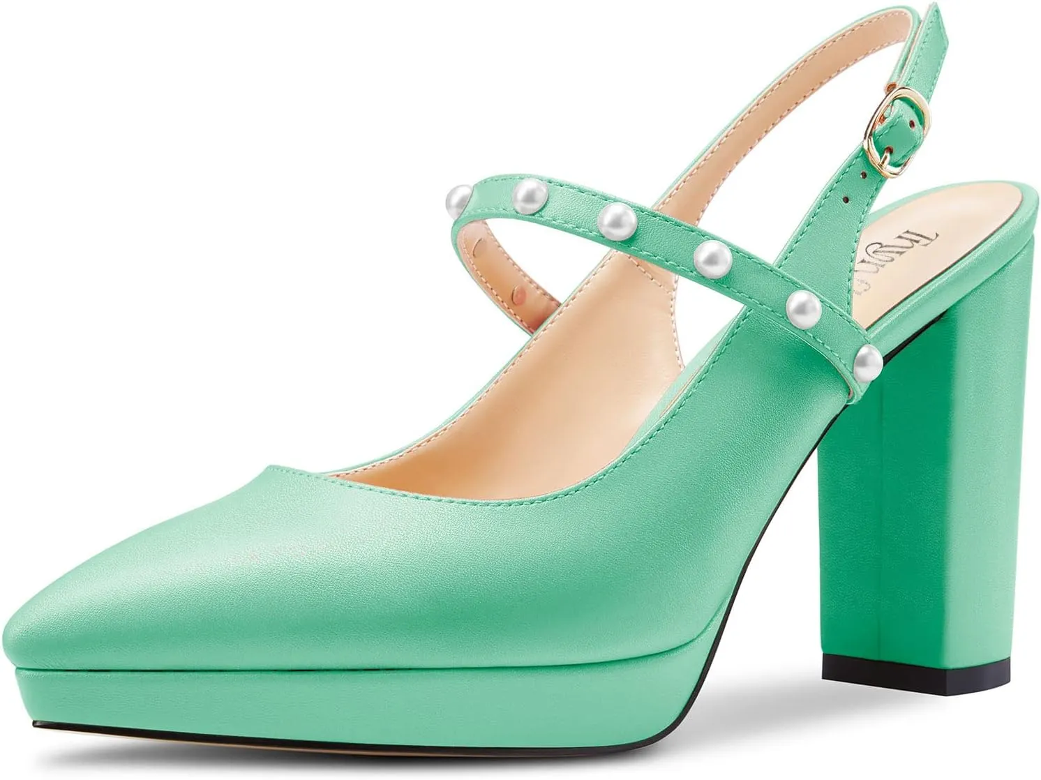TNYNFBEB Womens Chunky Block High Heel Close Pointed Toe Pumps Ankle Strap Buckle Pearls Party Cute 3.9 Inches Heels