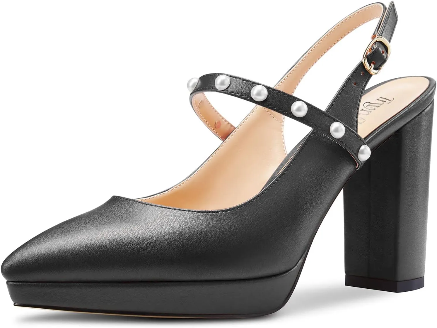 TNYNFBEB Womens Chunky Block High Heel Close Pointed Toe Pumps Ankle Strap Buckle Pearls Party Cute 3.9 Inches Heels