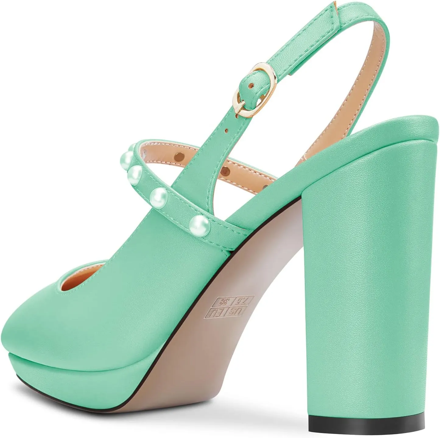 TNYNFBEB Womens Chunky Block High Heel Close Pointed Toe Pumps Ankle Strap Buckle Pearls Party Cute 3.9 Inches Heels