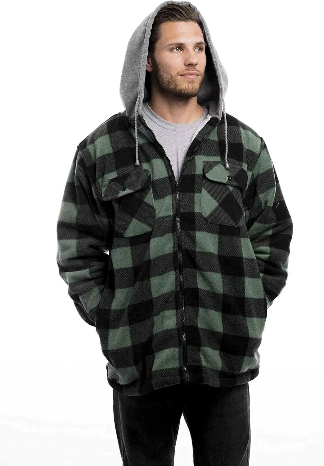 TrailCrest Men's Warm Sherpa Lined Hoodie Fleece Shirt Jacket, Classic Zip Up Buffalo Plaid (Regular and Big & Tall Sizes)