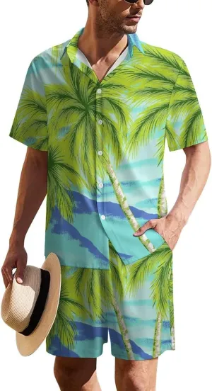 Tropical Beach with Palm TreesMen's Two-piece Casual Short-sleeved Shirt Summer Loose Vacation Suit