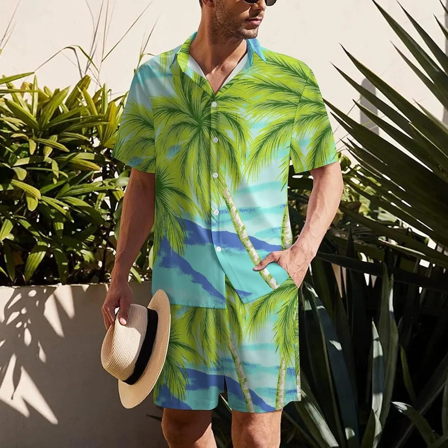 Tropical Beach with Palm TreesMen's Two-piece Casual Short-sleeved Shirt Summer Loose Vacation Suit