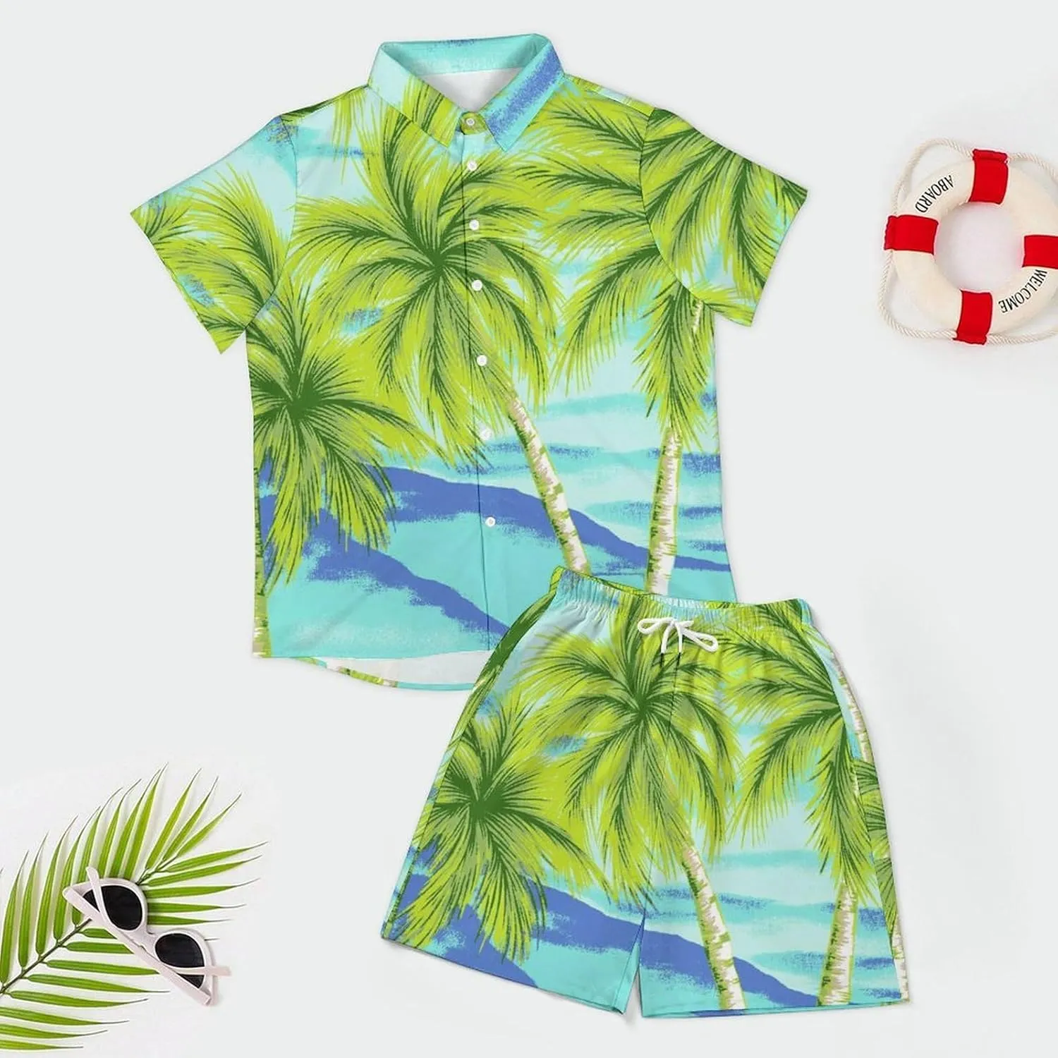 Tropical Beach with Palm TreesMen's Two-piece Casual Short-sleeved Shirt Summer Loose Vacation Suit