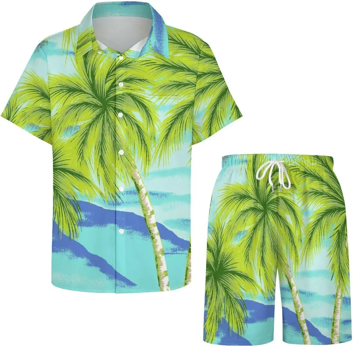 Tropical Beach with Palm TreesMen's Two-piece Casual Short-sleeved Shirt Summer Loose Vacation Suit