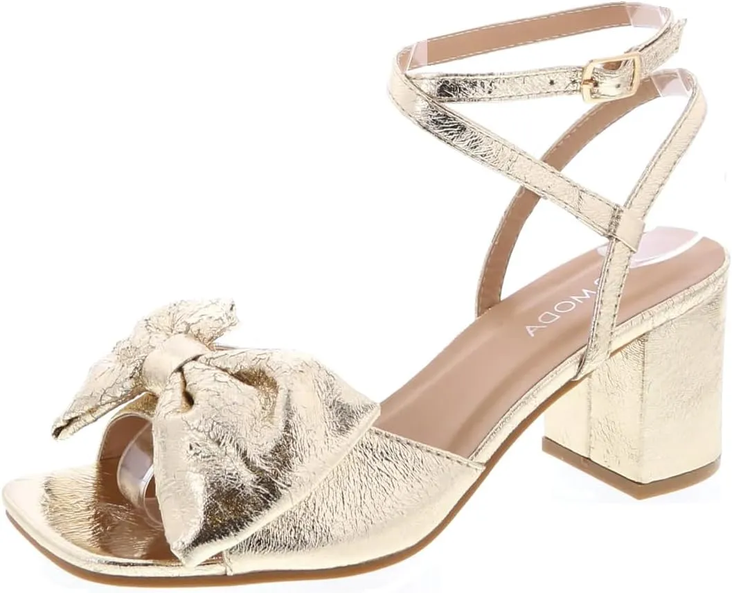 TruFox Women's Metallic Bow Heeled Sandals Chunky Heel Ankle Wrap Dressy