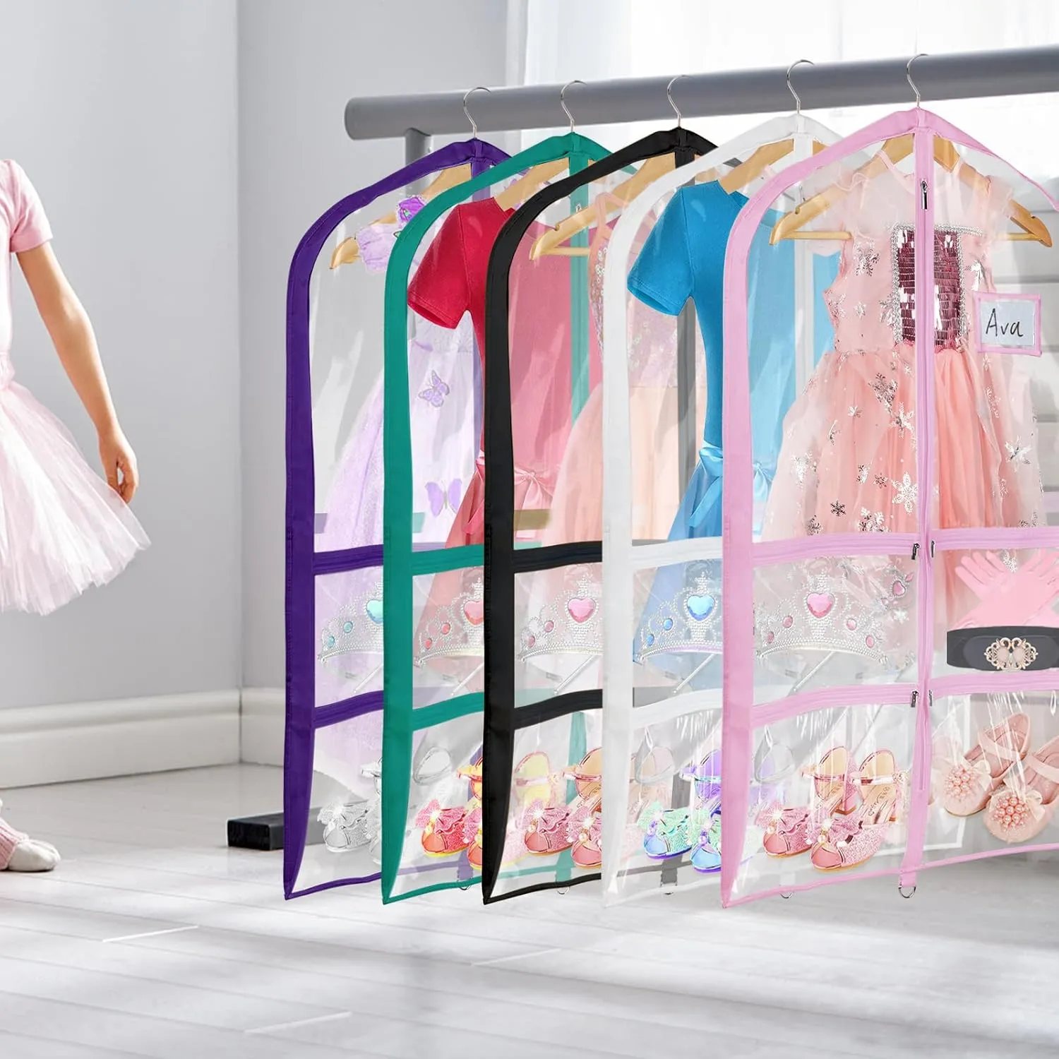 Univivi Clear Garment Bags for Dance Costumes, 40 Inch Dance Costume Garment Bags for Dancers, with 4 Medium Clear Zipper Pockets and 1 Large Back Zippered Pocket (2 Pack)