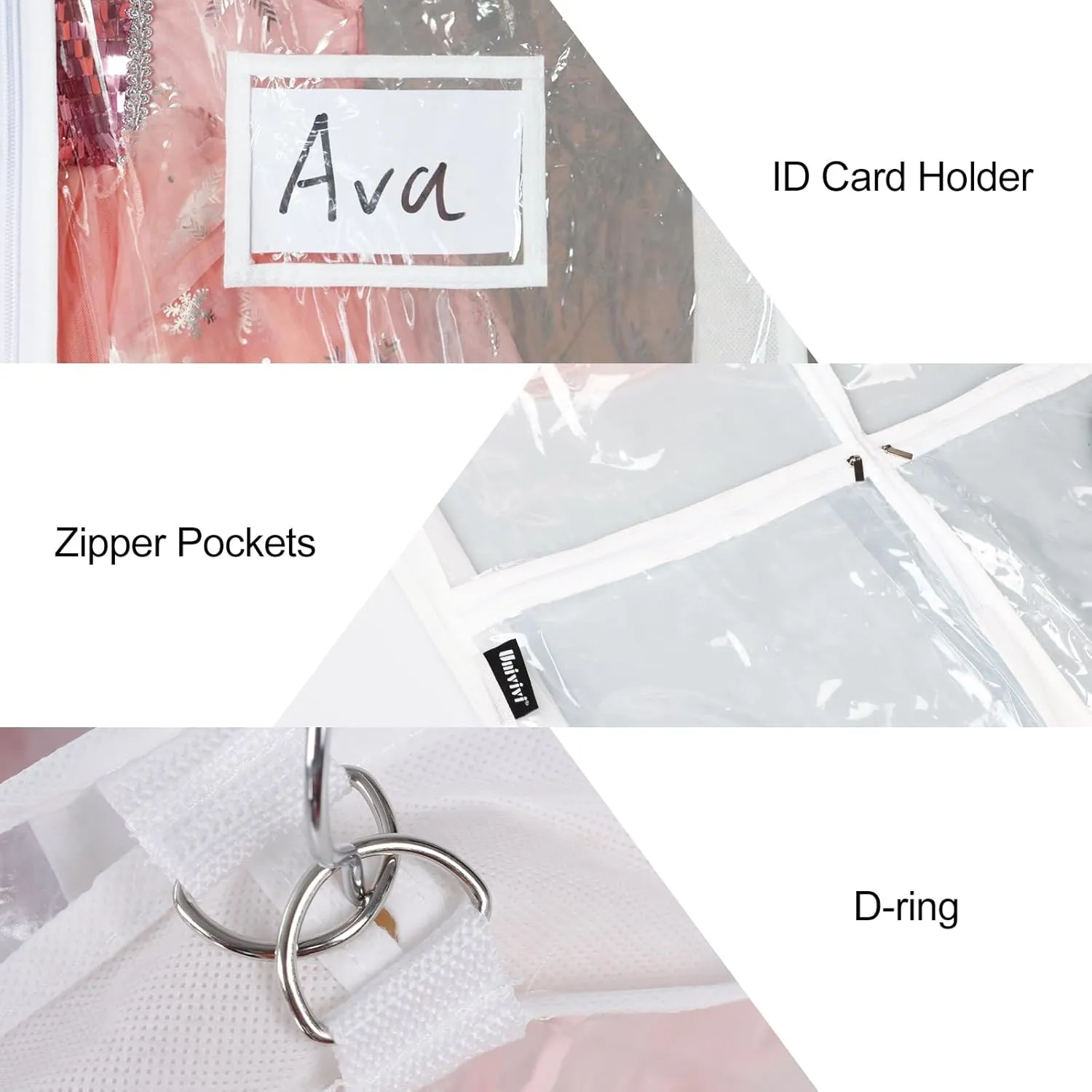 Univivi Clear Garment Bags for Dance Costumes, 40 Inch Dance Costume Garment Bags for Dancers, with 4 Medium Clear Zipper Pockets and 1 Large Back Zippered Pocket (2 Pack)