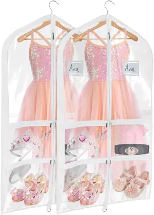 Univivi Clear Garment Bags for Dance Costumes, 40 Inch Dance Costume Garment Bags for Dancers, with 4 Medium Clear Zipper Pockets and 1 Large Back Zippered Pocket (2 Pack)