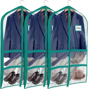 Univivi PVC Dance Costume Bags (3 Pack) Garment Bag 40 Inch for Dance Competitions, with 4 Medium Clear Zipper Pockets and 1 Large Back Zippered Pocket - Clear Blue Green