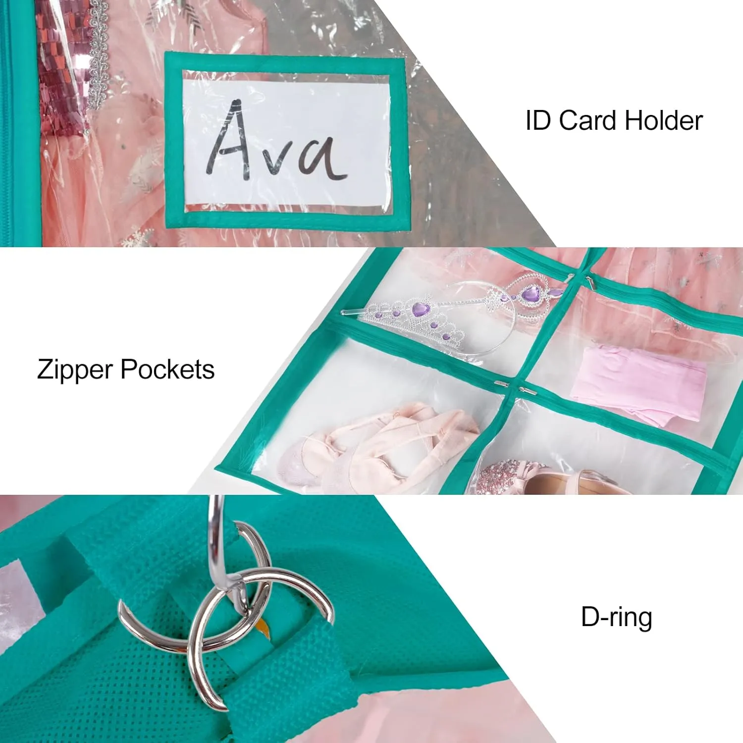 Univivi PVC Dance Costume Bags (3 Pack) Garment Bag 40 Inch for Dance Competitions, with 4 Medium Clear Zipper Pockets and 1 Large Back Zippered Pocket - Clear Blue Green