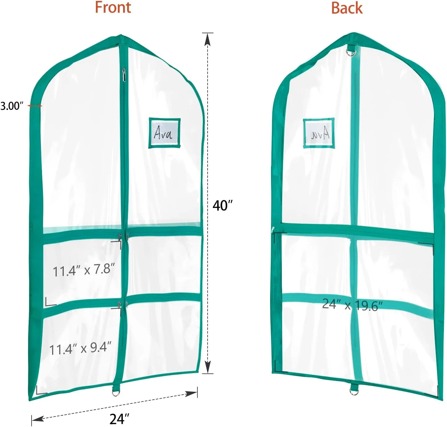 Univivi PVC Dance Costume Bags (3 Pack) Garment Bag 40 Inch for Dance Competitions, with 4 Medium Clear Zipper Pockets and 1 Large Back Zippered Pocket - Clear Blue Green