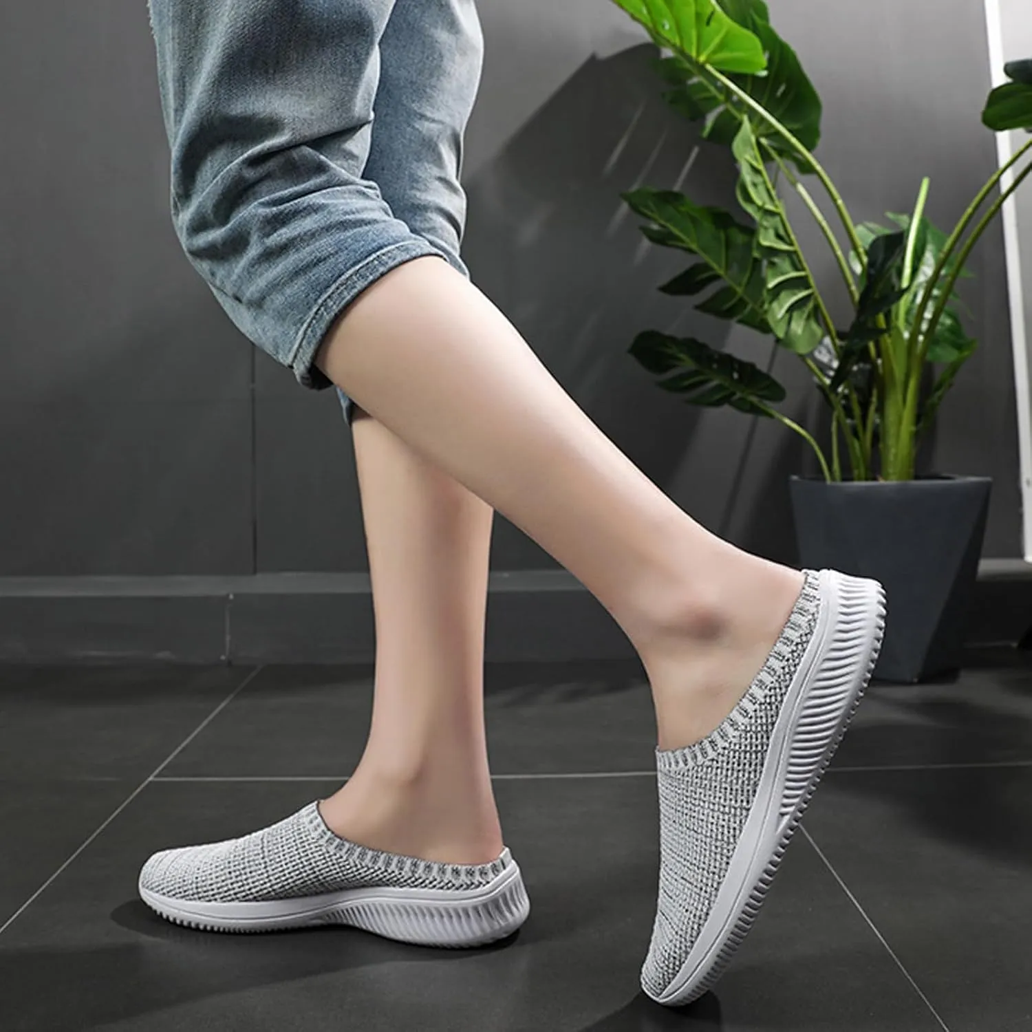 URLECHS Men's Breathable Mesh Backless Walking Shoes Lightweight Comfortable Slip On Knit Mules Casual Home Garden Clog Slippers