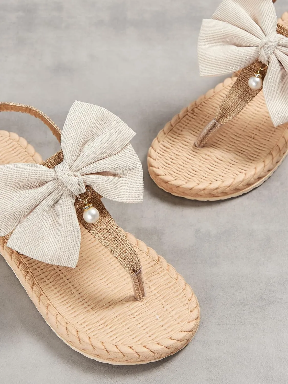 Verdusa Women's Bow Pearl Slingback Flip Flop Summer Thong Flat Sandals