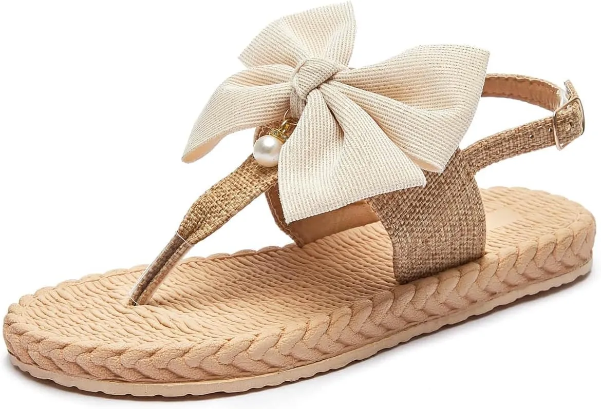 Verdusa Women's Bow Pearl Slingback Flip Flop Summer Thong Flat Sandals