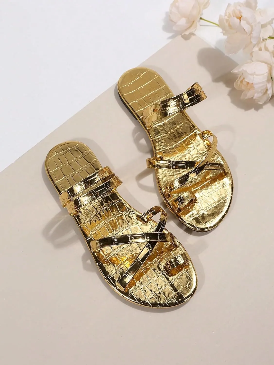 Verdusa Women's Metallic Crisscross Flat Sandals Strappy Flip Flop Thong Sandals Slides