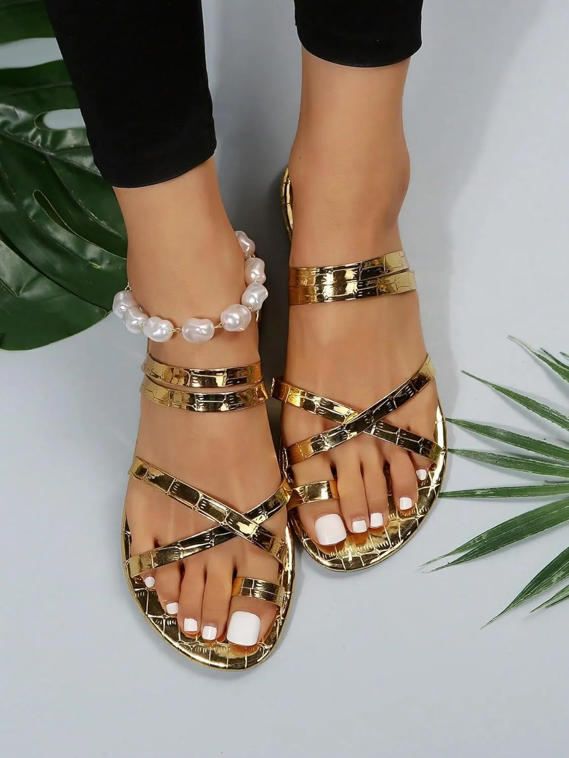 Verdusa Women's Metallic Crisscross Flat Sandals Strappy Flip Flop Thong Sandals Slides