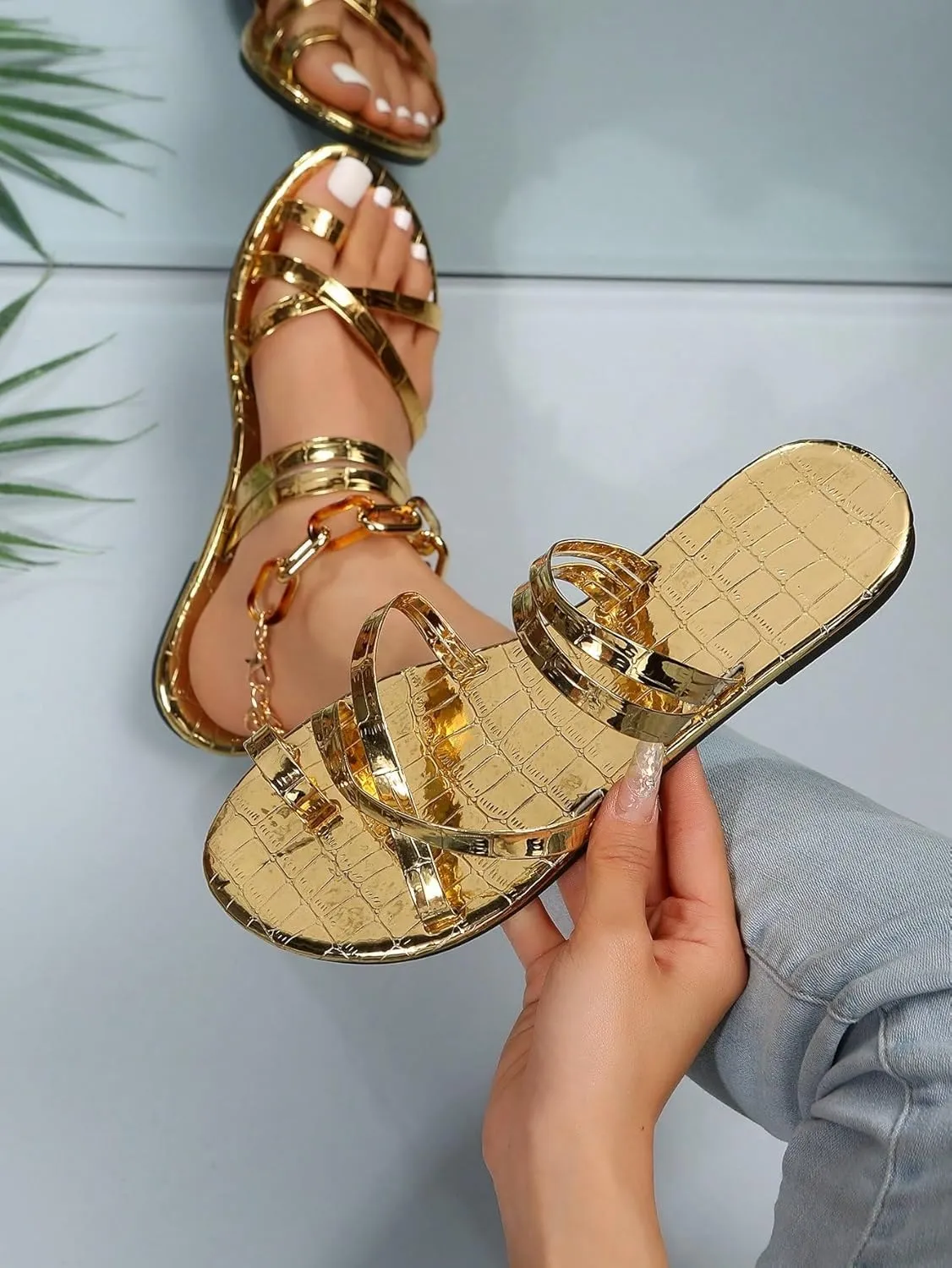 Verdusa Women's Metallic Crisscross Flat Sandals Strappy Flip Flop Thong Sandals Slides