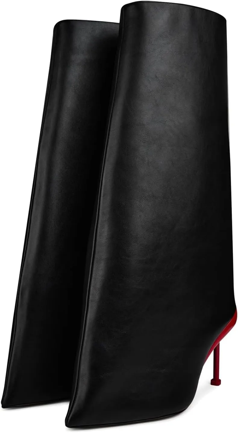 Vertundy Riding Knee High Boots for Women Pointed Toe Extra Wide Width Stiletto Heel Boot for Winter Sexy Fashion Slip On Boots In black red