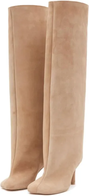 Vertundy Women's Nude Suede Knee High Boots Square Toe and Foot Pull On Stiletto Heels Fashion Dress Tall Riding Boots Ladies