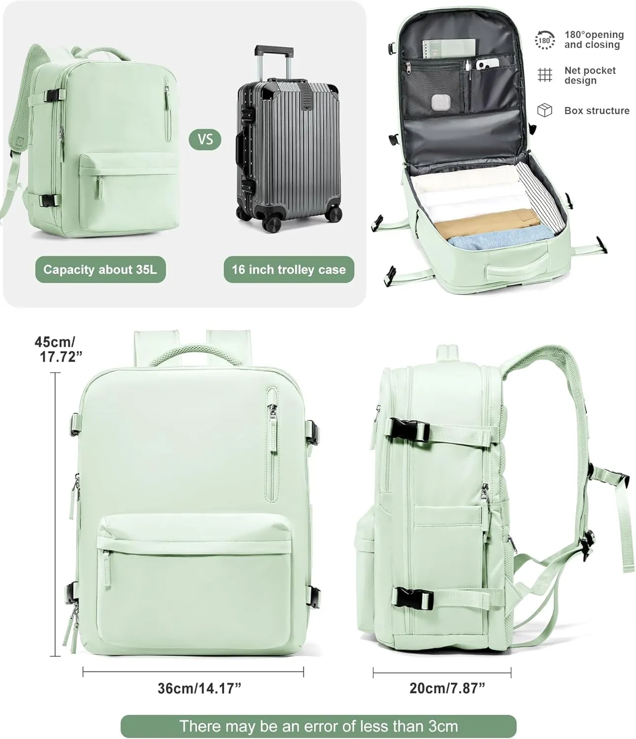 VGCUB Travel Backpack for Women Men for Spirit Airlines Personal Item Bag 18x14x8 Inches Laptop College Backpack,Waterproof Carry on Flight Approved Work Backpack Mochila de Viaje,Large Mint green