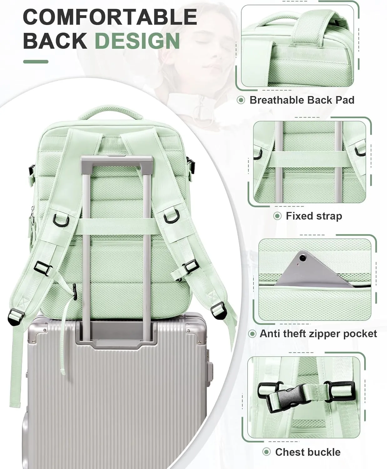 VGCUB Travel Backpack for Women Men for Spirit Airlines Personal Item Bag 18x14x8 Inches Laptop College Backpack,Waterproof Carry on Flight Approved Work Backpack Mochila de Viaje,Large Mint green