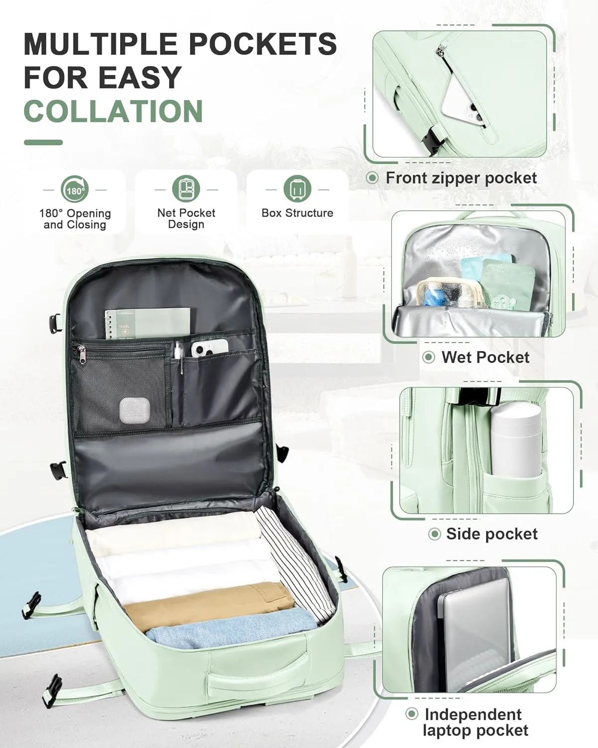 VGCUB Travel Backpack for Women Men for Spirit Airlines Personal Item Bag 18x14x8 Inches Laptop College Backpack,Waterproof Carry on Flight Approved Work Backpack Mochila de Viaje,Large Mint green