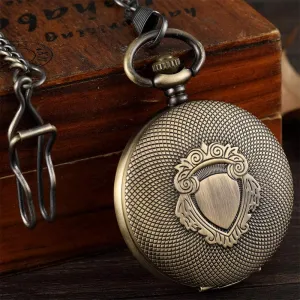 Vintage Bronze Shield Engraving Chain Hollow Hand Wind Mechanical Men Clock Pocket Watch Gifts for Family
