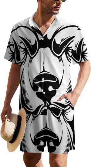 Vintage Style Head of PitbullMen's Two-piece Casual Short-sleeved Shirt Summer Loose Vacation Suit