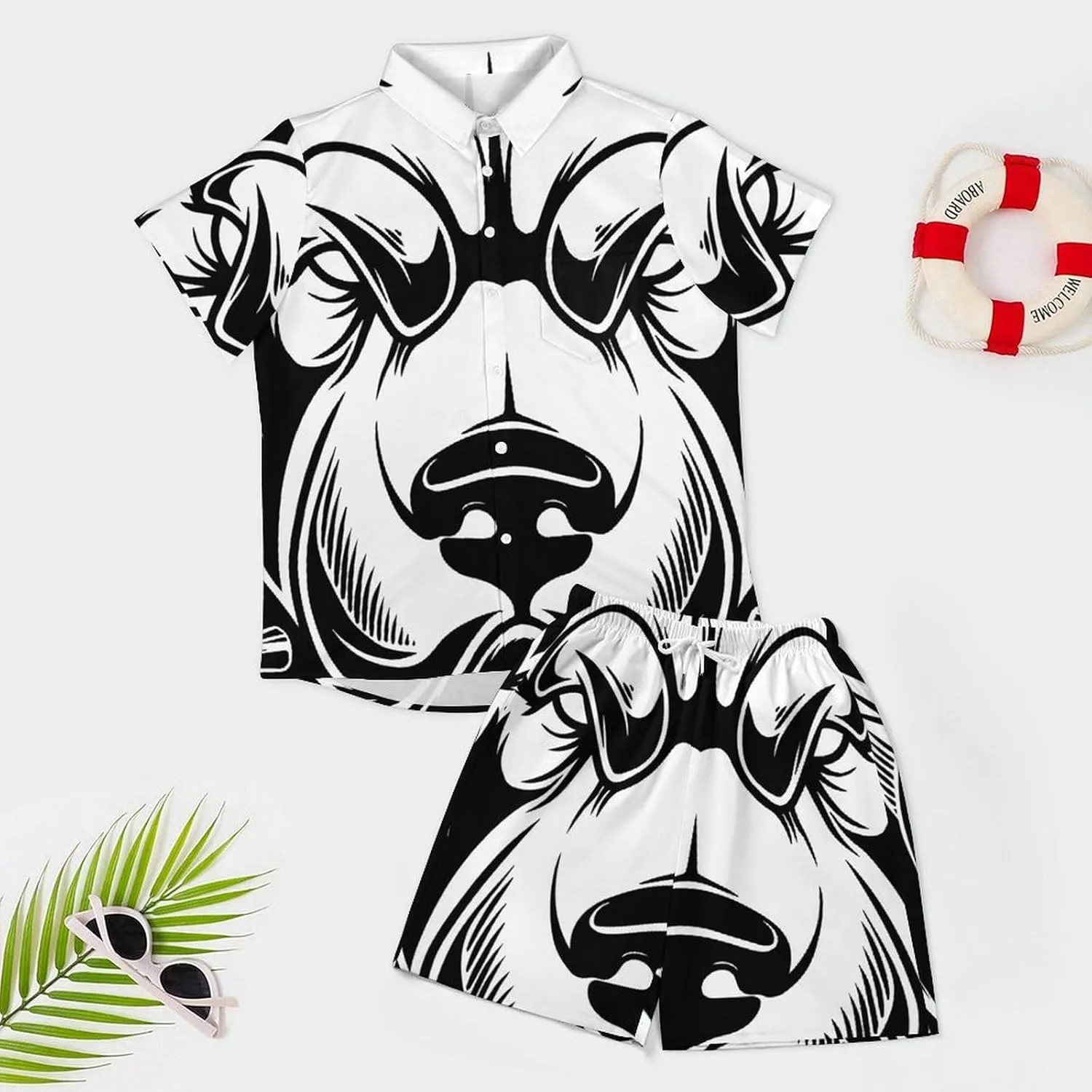 Vintage Style Head of PitbullMen's Two-piece Casual Short-sleeved Shirt Summer Loose Vacation Suit