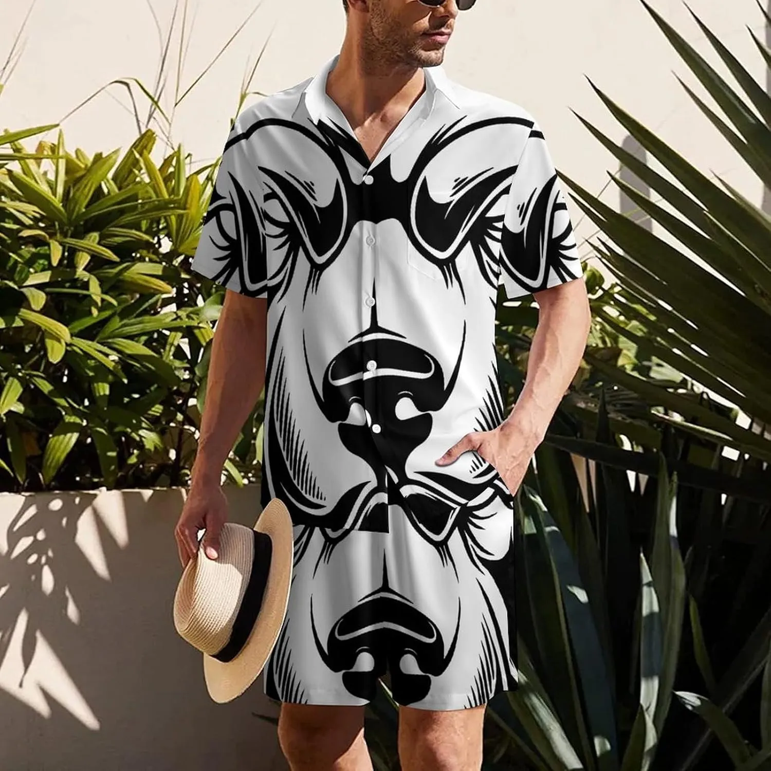Vintage Style Head of PitbullMen's Two-piece Casual Short-sleeved Shirt Summer Loose Vacation Suit
