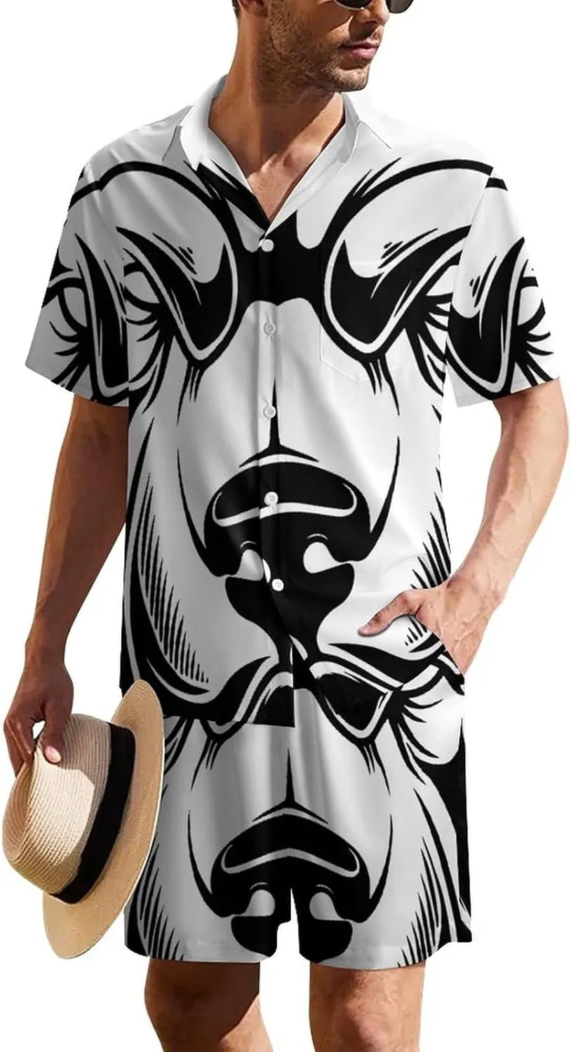 Vintage Style Head of PitbullMen's Two-piece Casual Short-sleeved Shirt Summer Loose Vacation Suit