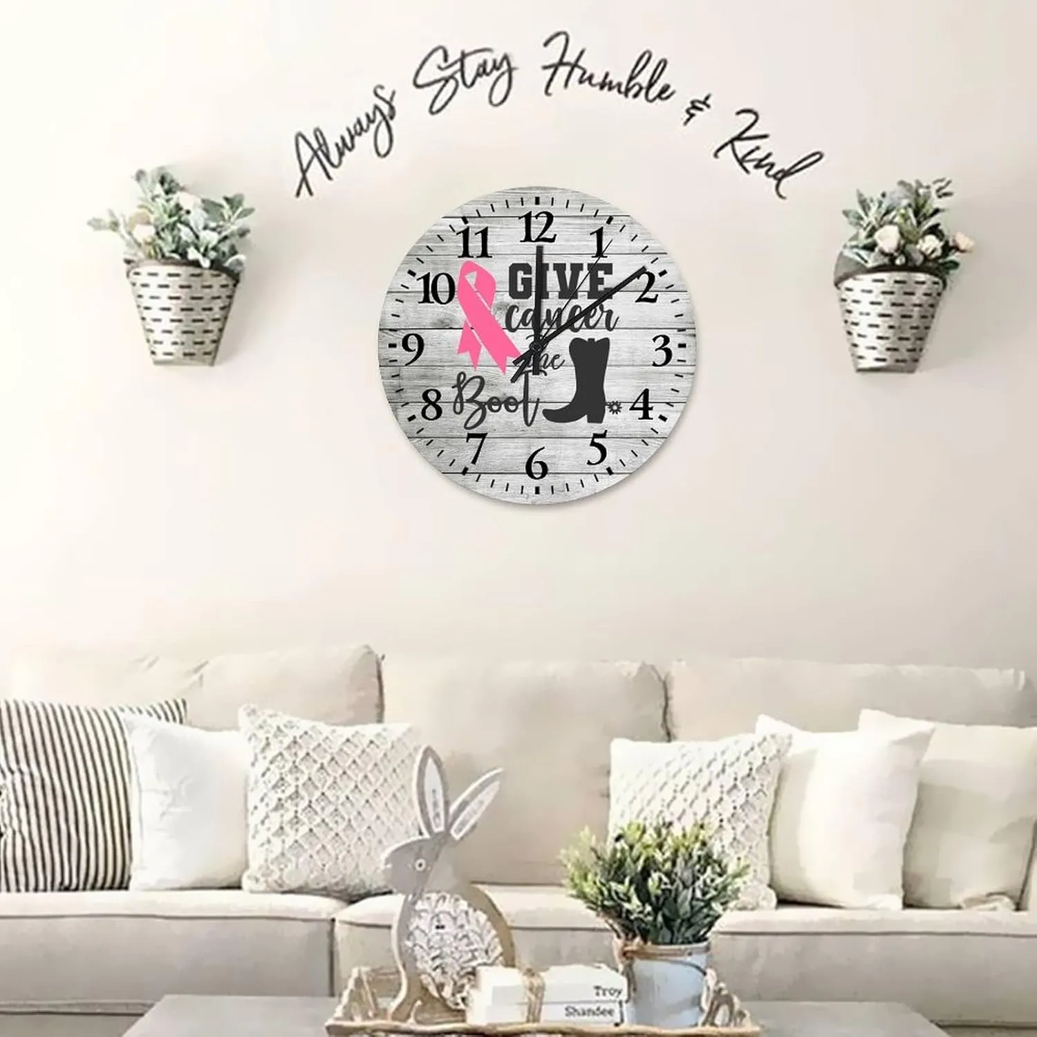 Wall Clock Breast Cancer Give Cancer The Boot Table Clock Battery-Powered with Quartz Movement Arabic Numbers Breast Cancer Awareness Round Clock for Living Room Bedroom Office Kitchen School 15 Inch
