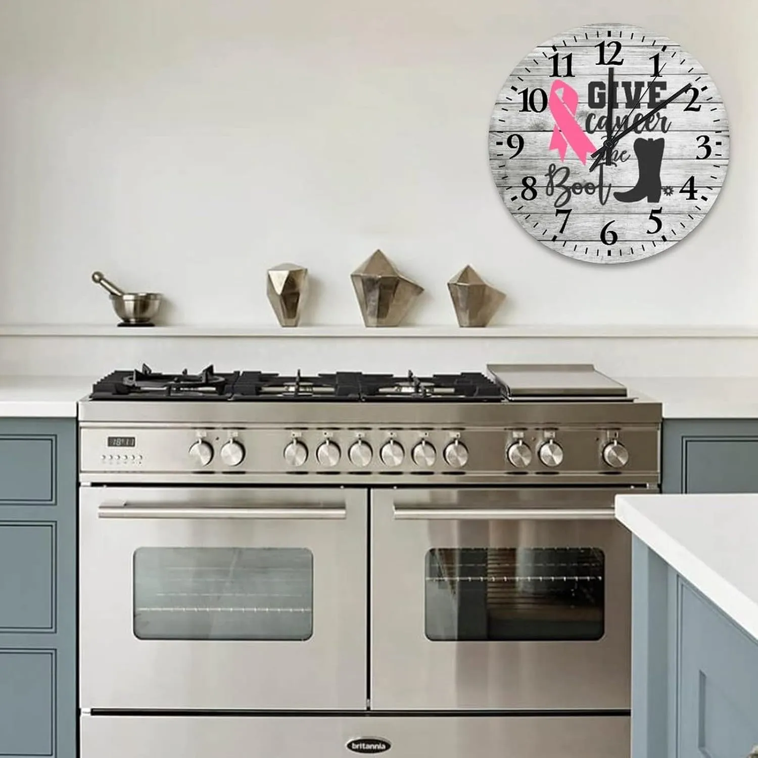 Wall Clock Breast Cancer Give Cancer The Boot Table Clock Battery-Powered with Quartz Movement Arabic Numbers Breast Cancer Awareness Round Clock for Living Room Bedroom Office Kitchen School 15 Inch