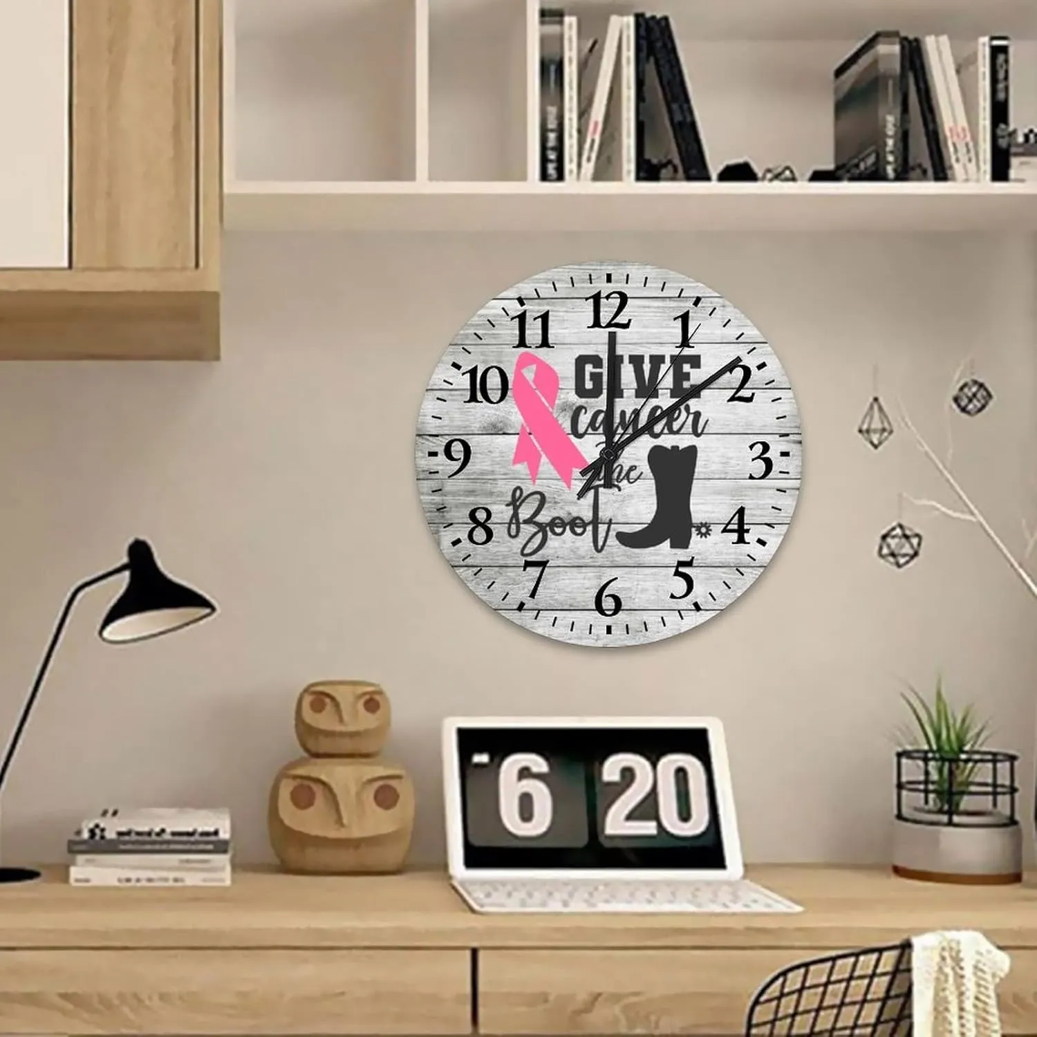 Wall Clock Breast Cancer Give Cancer The Boot Table Clock Battery-Powered with Quartz Movement Arabic Numbers Breast Cancer Awareness Round Clock for Living Room Bedroom Office Kitchen School 15 Inch