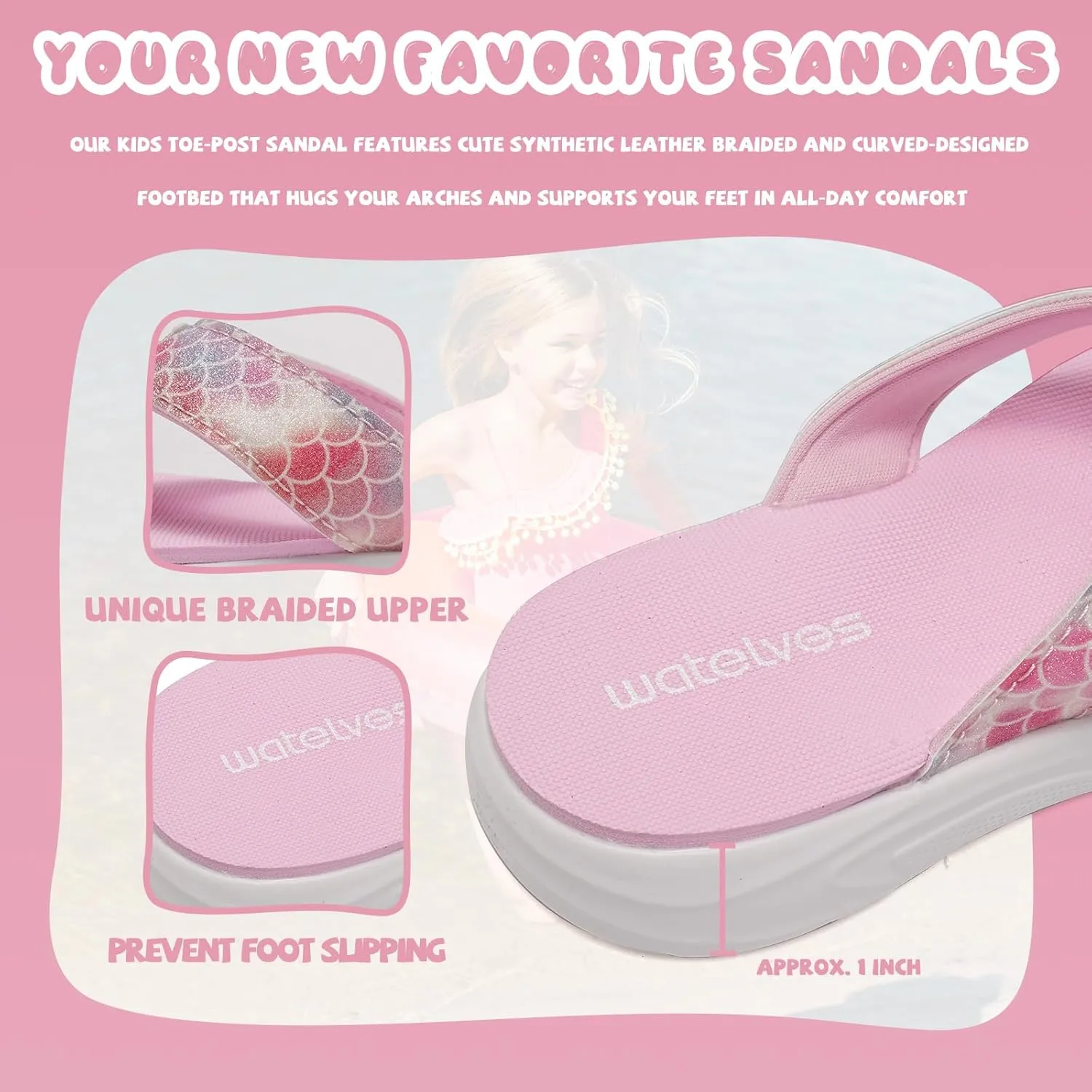 WateLves Girls Flip Flops Non-Slip Casual Thong Sandals Summer Sandal Shoes for Beach Swim Pool (Little Kid/Big Kid)