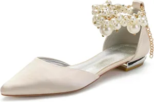 Wedding Bridal Shoes Beaded Ankle Strap Low Heels Women's Pumps Pointed Toe Closed Toe Sandal 2CM High Heels Satin Flats Elegant Formal,Champagne,8
