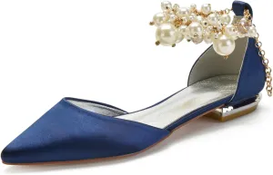 Wedding Bridal Shoes Beaded Ankle Strap Low Heels Women's Pumps Pointed Toe Closed Toe Sandal 2CM High Heels Satin Flats Elegant Formal,Dark blue,11.5