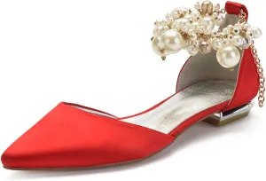 Wedding Bridal Shoes Beaded Ankle Strap Low Heels Women's Pumps Pointed Toe Closed Toe Sandal 2CM High Heels Satin Flats Elegant Formal,Red,11.5