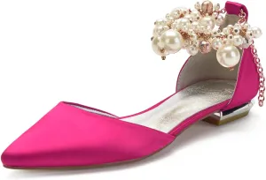 Wedding Bridal Shoes Beaded Ankle Strap Low Heels Women's Pumps Pointed Toe Closed Toe Sandal 2CM High Heels Satin Flats Elegant Formal,Rose red,7