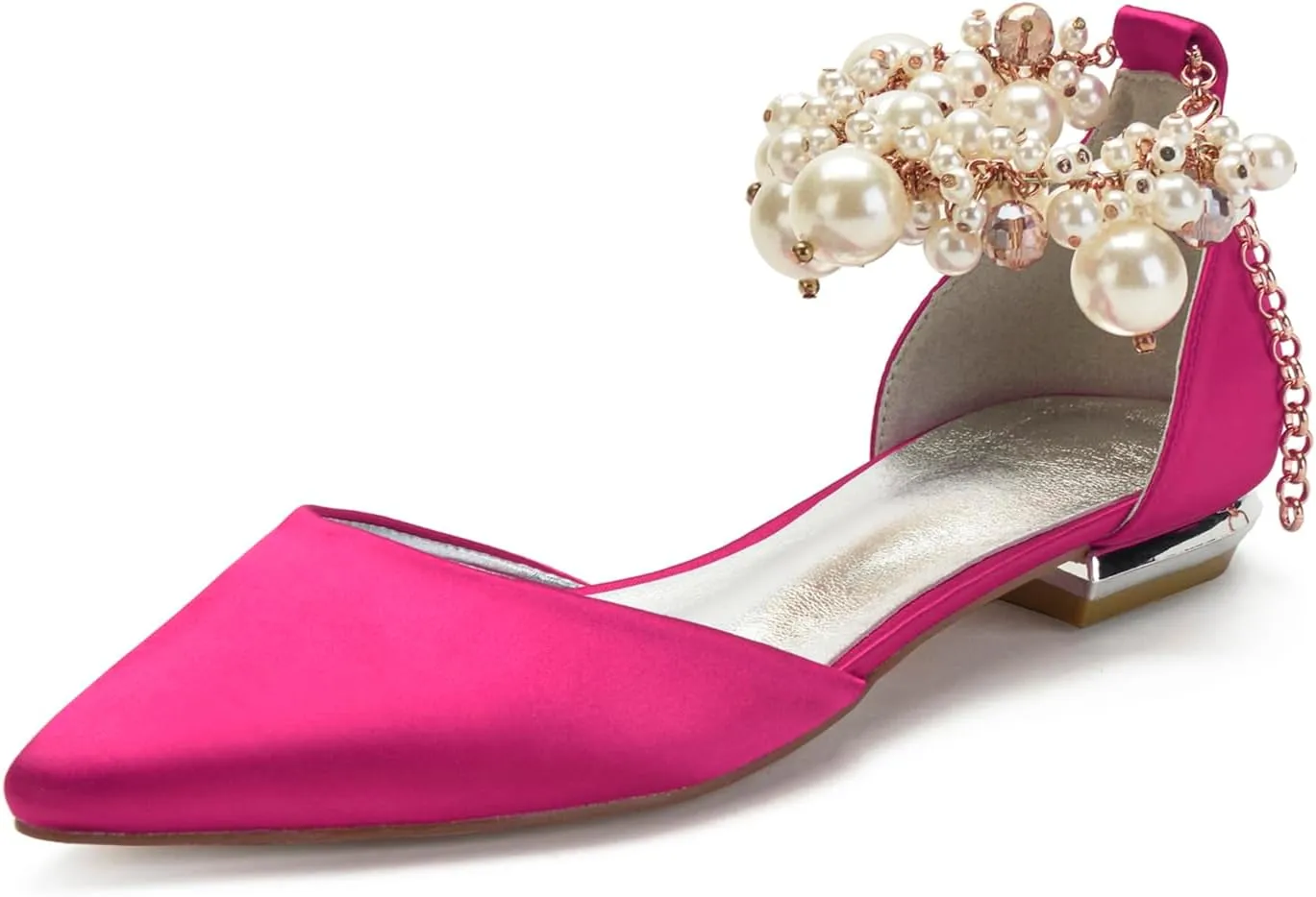 Wedding Bridal Shoes Beaded Ankle Strap Low Heels Women's Pumps Pointed Toe Closed Toe Sandal 2CM High Heels Satin Flats Elegant Formal,Rose red,7