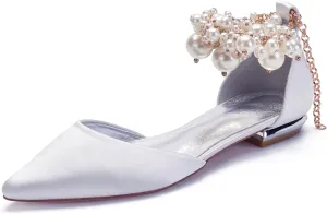 Wedding Bridal Shoes Beaded Ankle Strap Low Heels Women's Pumps Pointed Toe Closed Toe Sandal 2CM High Heels Satin Flats Elegant Formal,White,6
