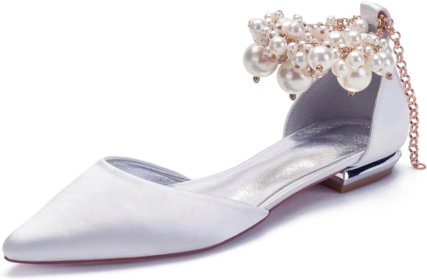 Wedding Bridal Shoes Beaded Ankle Strap Low Heels Women's Pumps Pointed Toe Closed Toe Sandal 2CM High Heels Satin Flats Elegant Formal,White,6