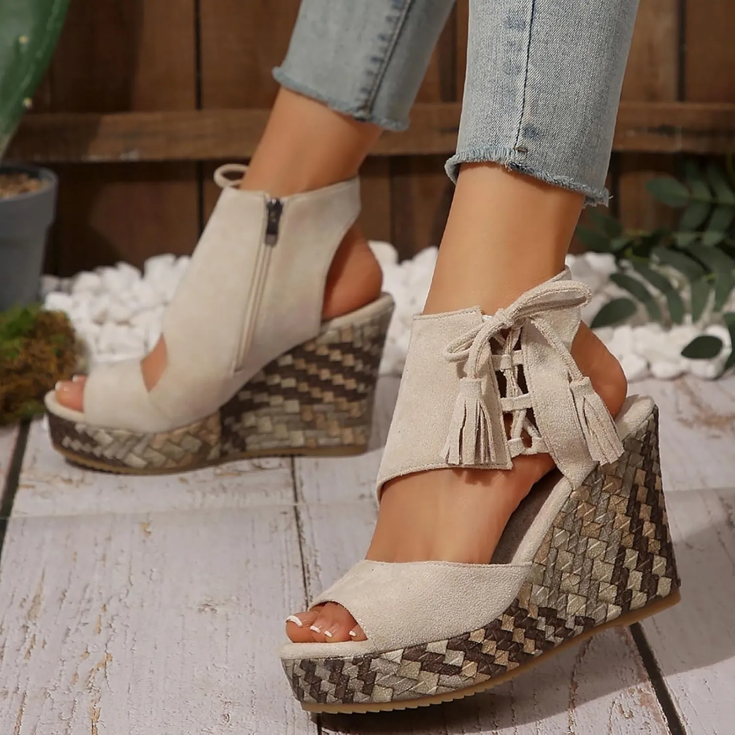 Wedge Sandals for Women 2025 Dressy Summer Open Toe Suede Espadrilles Sandals Comfortable Ankle Strap Platform Wedges Boho Orthopedic High Heels Beach Shoes