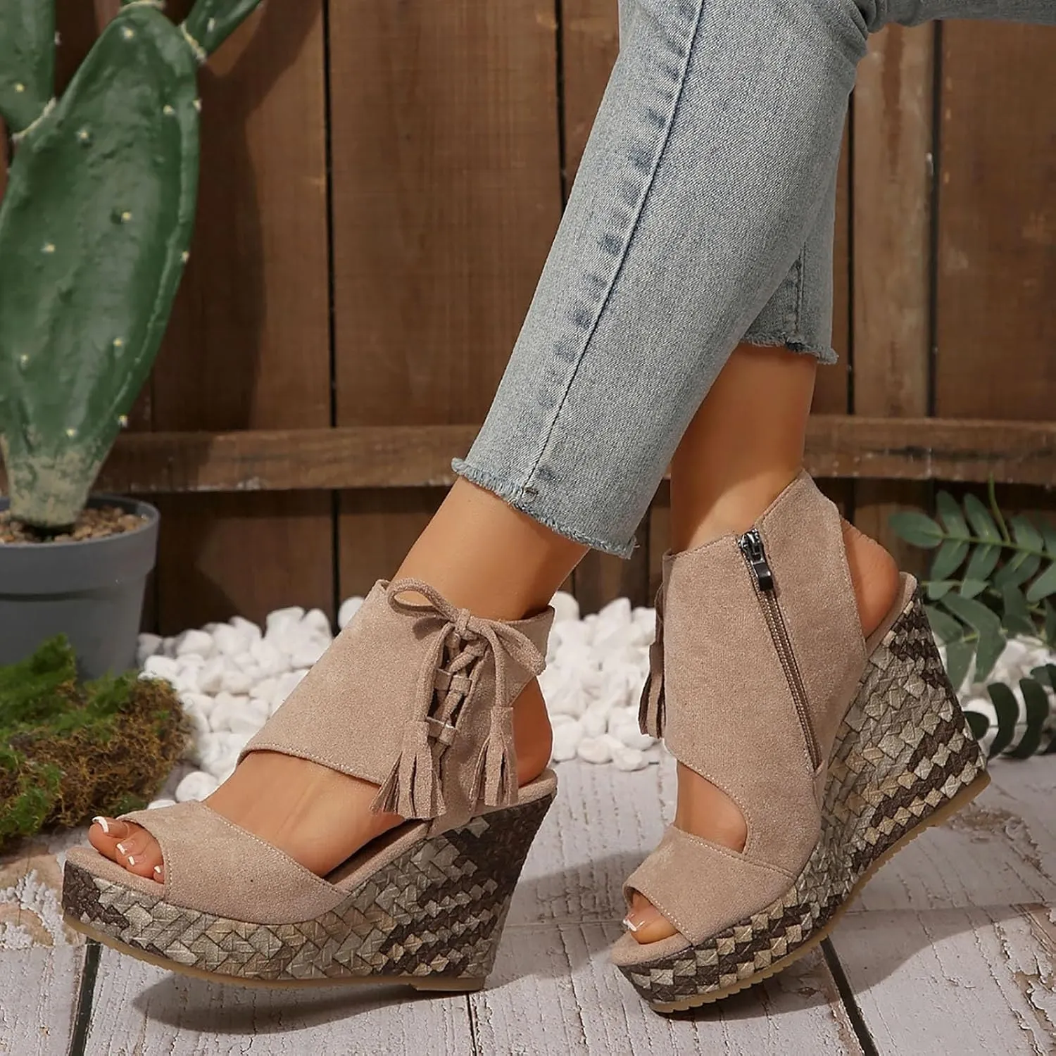Wedge Sandals for Women 2025 Dressy Summer Open Toe Suede Espadrilles Sandals Comfortable Ankle Strap Platform Wedges Boho Orthopedic High Heels Beach Shoes