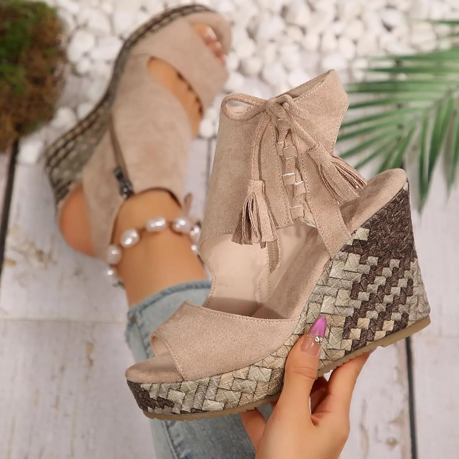 Wedge Sandals for Women 2025 Dressy Summer Open Toe Suede Espadrilles Sandals Comfortable Ankle Strap Platform Wedges Boho Orthopedic High Heels Beach Shoes