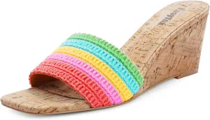 Wedge Sandals for Women Open Toe Wedge Heels Womens High Heel Sandal Square Toe Heeled Wedge Sandals Wood Grain Slip on Wedge Mules