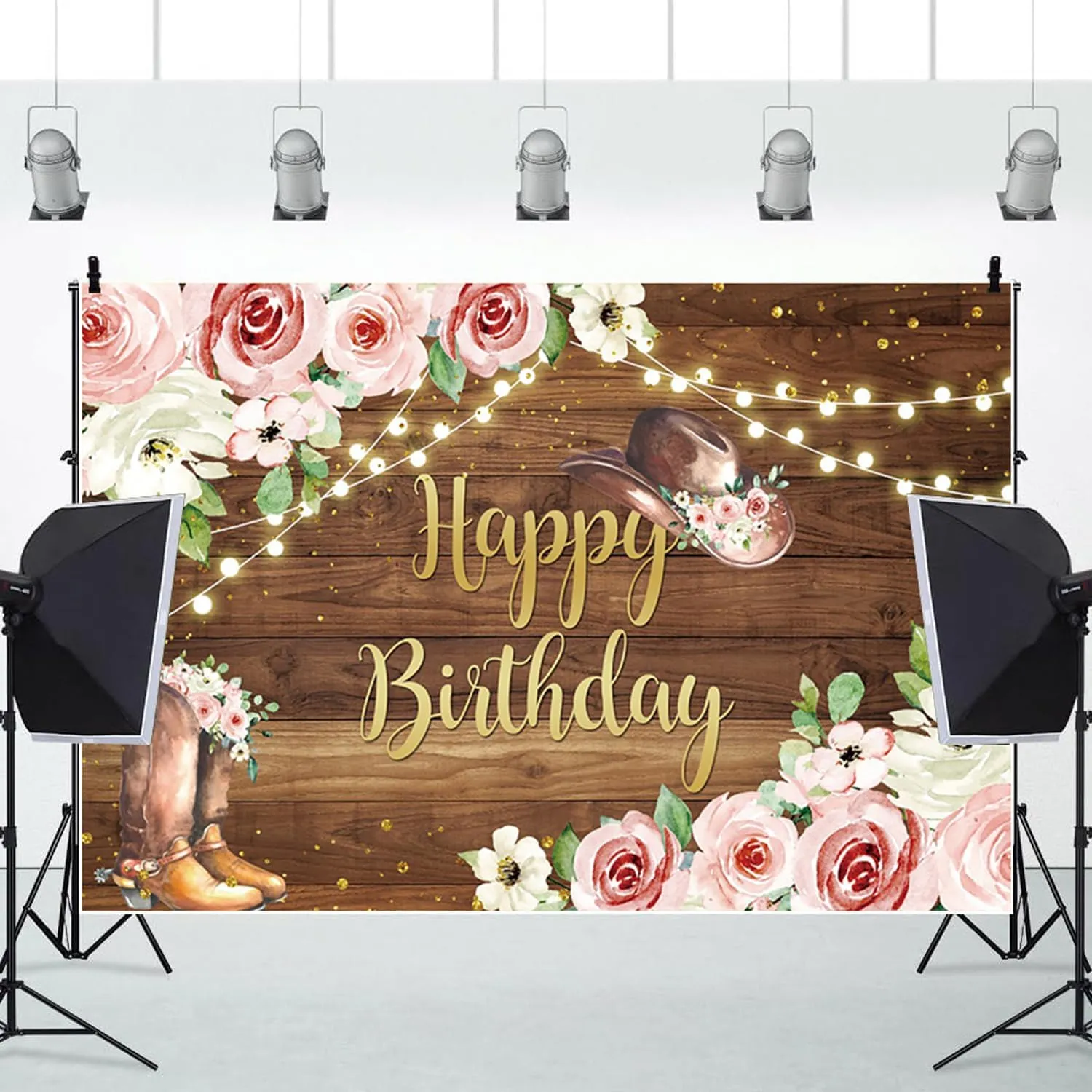 Western Cowgirl Birthday Backdrop Rustic Country Wooden Pink Flower Boot Rodeo Birthday Photography Background for Girls Women Birthday Party Decorations Banner Photo Photobooth Props 5x3ft