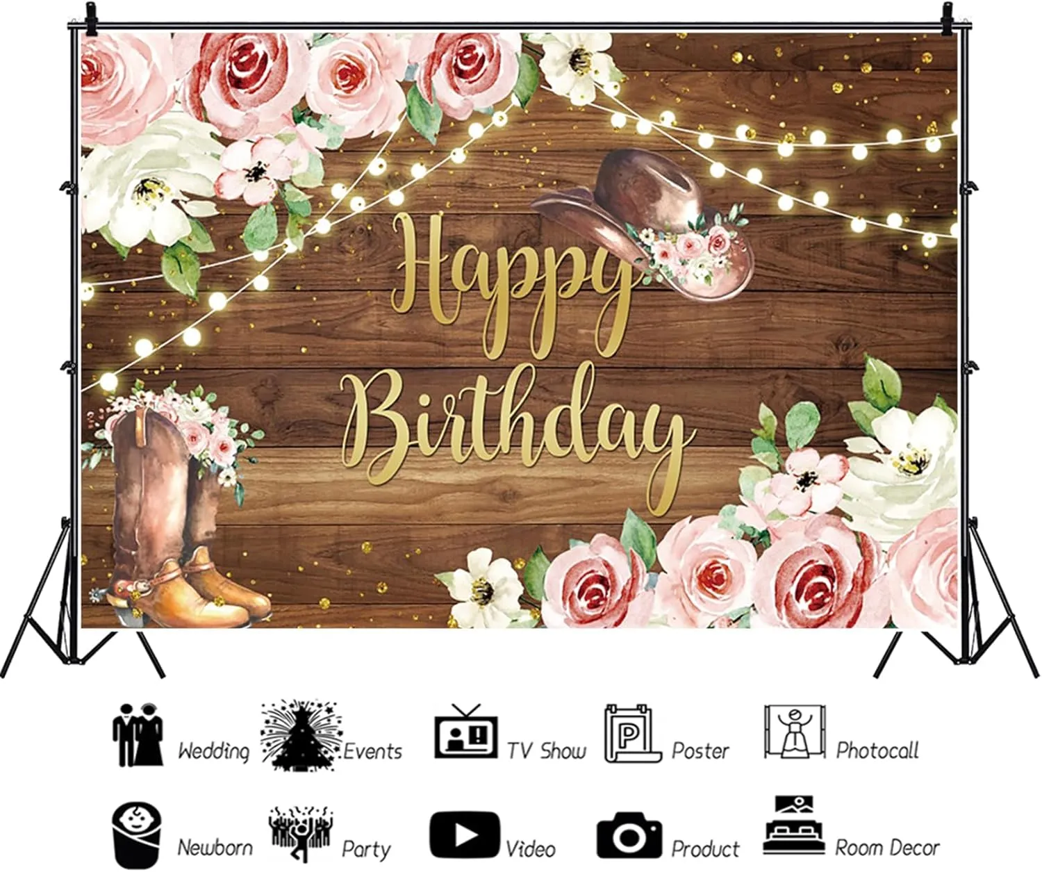 Western Cowgirl Birthday Backdrop Rustic Country Wooden Pink Flower Boot Rodeo Birthday Photography Background for Girls Women Birthday Party Decorations Banner Photo Photobooth Props 5x3ft