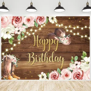Western Cowgirl Birthday Backdrop Rustic Country Wooden Pink Flower Boot Rodeo Birthday Photography Background for Girls Women Birthday Party Decorations Banner Photo Photobooth Props 5x3ft