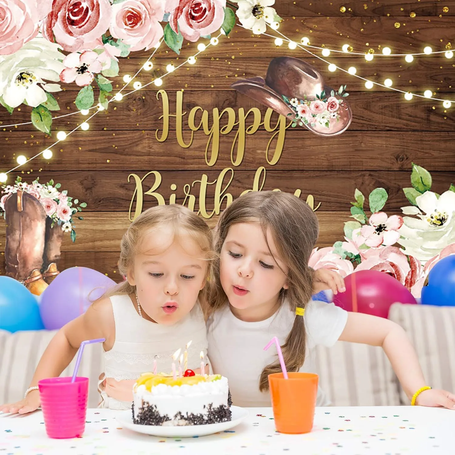 Western Cowgirl Birthday Backdrop Rustic Country Wooden Pink Flower Boot Rodeo Birthday Photography Background for Girls Women Birthday Party Decorations Banner Photo Photobooth Props 5x3ft